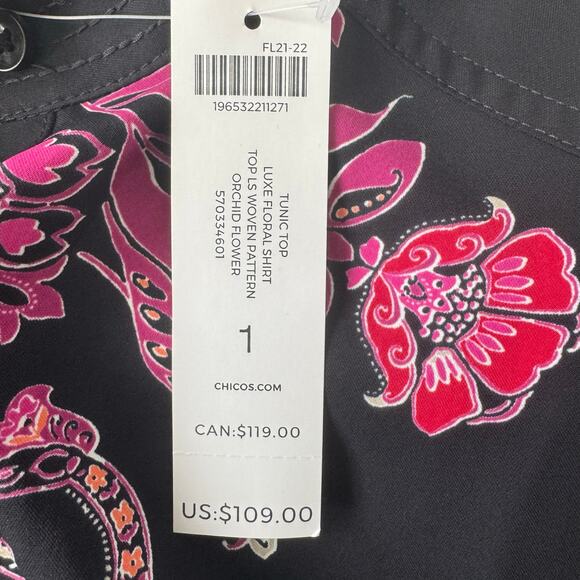 Chicos 8 Floral Notch Neck Paisley Tunic Button Down Long Sleeve Top NWT Mature - Picture 8 of 12